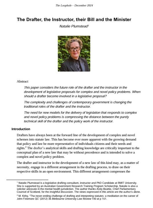 Article 'The Drafter, the instructor, their Bill and the Minister' The Loophole Journal Commonwealth Association of Legislative Counsel